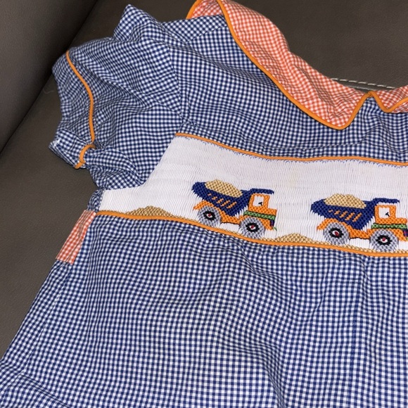 Beaux et Belles navy gingham check one piece with dump trucks on the front smock - Picture 2 of 6
